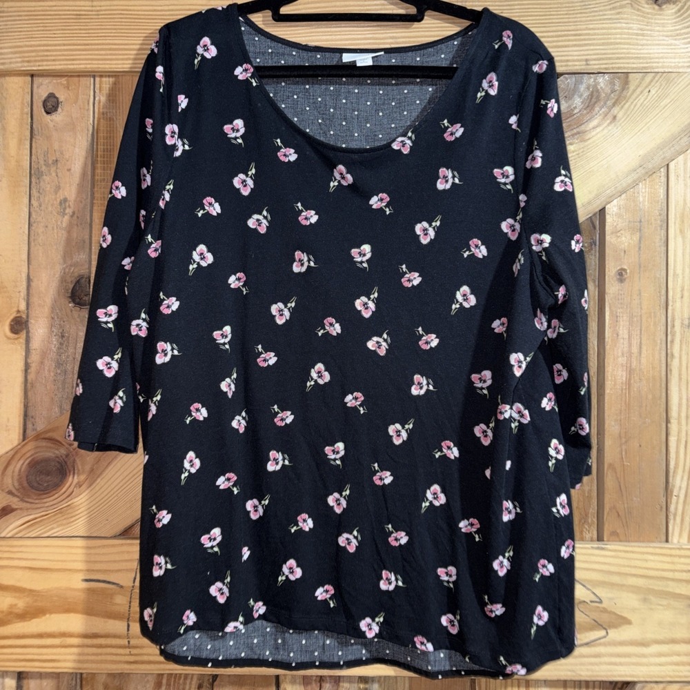 J. Jill Layered Back Mixed Media Floral Top Black Size Large Petite